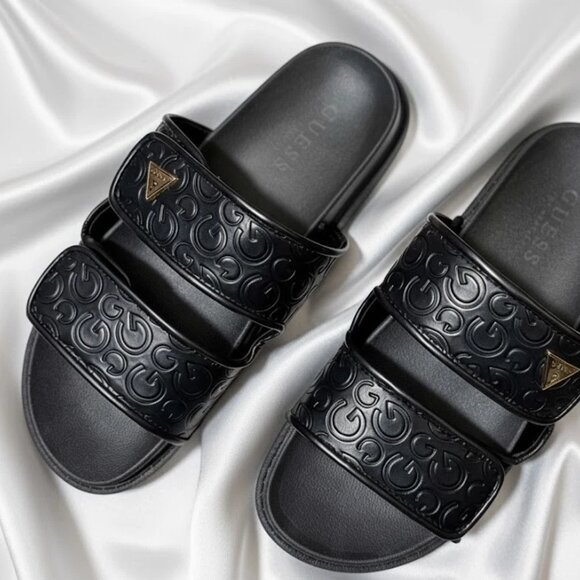 GUESS Woman's Size 7 Black Embossed Slide Sandals Adjustable Strap Slip-On Logo - Picture 3 of 4